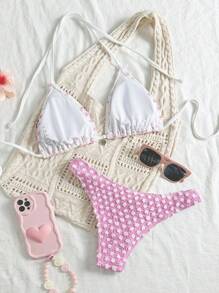 Swim Mod 2pcs Set New 3D Polka Dot Terry Cloth Light Pink White Metal Heart Pendant Halter Neck Sweet Cute Bikini Swimwear For Women For Summer Beach Vacation - Baby Pink - View 8