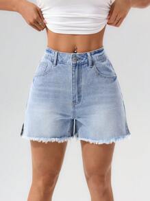 SHEIN PETITE Plain Color Frayed Edge With Pockets Casual Fashion Denim Shorts - Light Wash - View 5