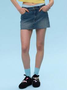 COUREZ Micro Denim Skirt With Distressed Hem /Y2K/Casual/Cotton /Summer Cotton Cotton Vintage - Medium Wash - View 3