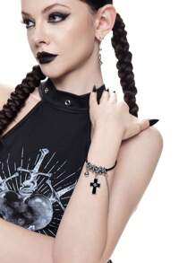 ROMWE Grunge Punk 1pc Asymmetric Cross Tassel Leather Cord Bracelet For Women, Sweet & Edgy Goth Style Fashion Accessory