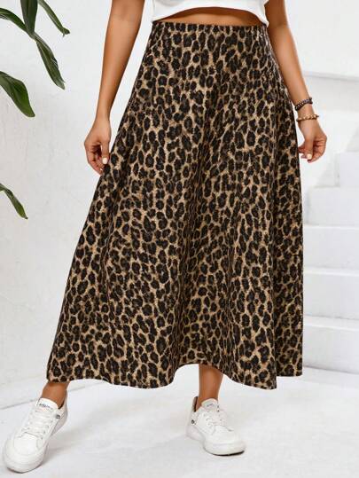 SHEIN LUNE Plus Size Women Elegant Luxury Leopard Print Mid-Length High Waist A-Line Skirt, Summer 2025 New Design Fall Cloth For Women