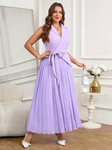 SHEIN Clasi Váy xếp ly không tay màu trơn thanh lịch cỡ lớn - Màu tím - Xem 3