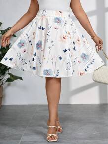 SHEIN Clasi Falda de verano de corte evasé con estampado floral para mujer de talla grande, ideal para el Día de la Madre, graduación y trabajo - Multicolor - Ver 3