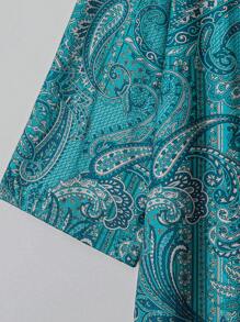 EMERY ROSE Plus Size Women Paisley Print Round Neck 3/4 Sleeve Button Half Placket Casual T-Shirt