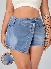 SHEIN Essnce Plus Size Casual Washed Wrap With Diagonal Pocket Denim Skort, Summer - Blue - View 1