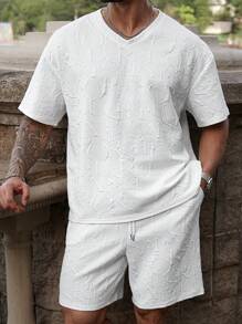 Manfinity Homme 加大码男士纯色纹理面料短袖T恤和口袋短裤套装男士T恤套装男士两件套男士夏季服装男士T恤套装休闲加大两件套男士