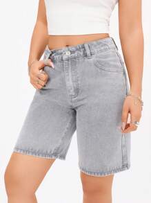 SHEIN PETITE Quần short denim túi thời trang giản dị đơn giản dành cho nữ, phù hợp cho mùa hè - Màu xám đen - Xem 5