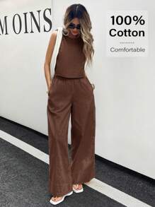 Siren Gaze Conjunto de Duas Peças Feminino para Uso Diário, Conjuntos de Verão Femininos, Roupas de Verão Femininas, Roupas de Algodão Femininas, Conjuntos de Roupas Casuais Femininas Marrom - Café - Visão 3