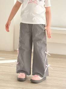 SHEIN Quần dài đến mắt cá chân họa tiết nơ giản dị màu xám cho bé gái - Xám - Xem 3