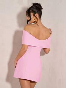 SHEIN BAE Vestido de cóctel de hombros abiertos y lazo elegante para mujer, adecuado para fiesta, cita, salida nocturna en otoño e invierno, vestidos de graduación - Rosa - Ver 2