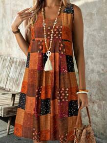 EMERY ROSE Vestido de mujer sin mangas de tejido con estampado de cuadros y paisley, ideal para vacaciones