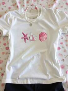 SHEIN Teen Girl Shell Print White Cropped Skinny T-Shirt - White - View 1