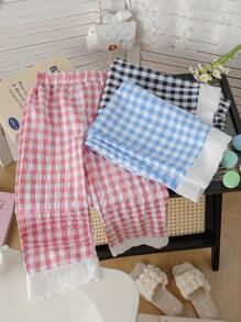 3 pièces/Set Pantalons Pour Jeunes Filles - Coordonnés Couleur Dopamine, Pantalons Droits à Imprimé à Carreaux Floraux Volantés Décontractés Et Fins Pour Filles, Pour Un Porter Quotidien - Multicolore - Voir 4