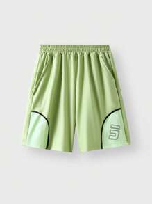SHEIN Abbigliamento per il ritorno a scuola, pantaloncini sportivi professionali per ragazze e ragazzi pre-adolescenti, pantaloncini sportivi professionali per bambini con vita elastica, cucitura a 4 aghi e 6 fili senza cuciture, con stampa divertente a lettere
