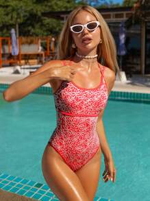 Swim Mod 女士夏季新款纹理面料拼接纯色交叉肩带连体泳衣，性感优雅，度假风，可爱简约，适合情人节 - 紅色 - 查看 7