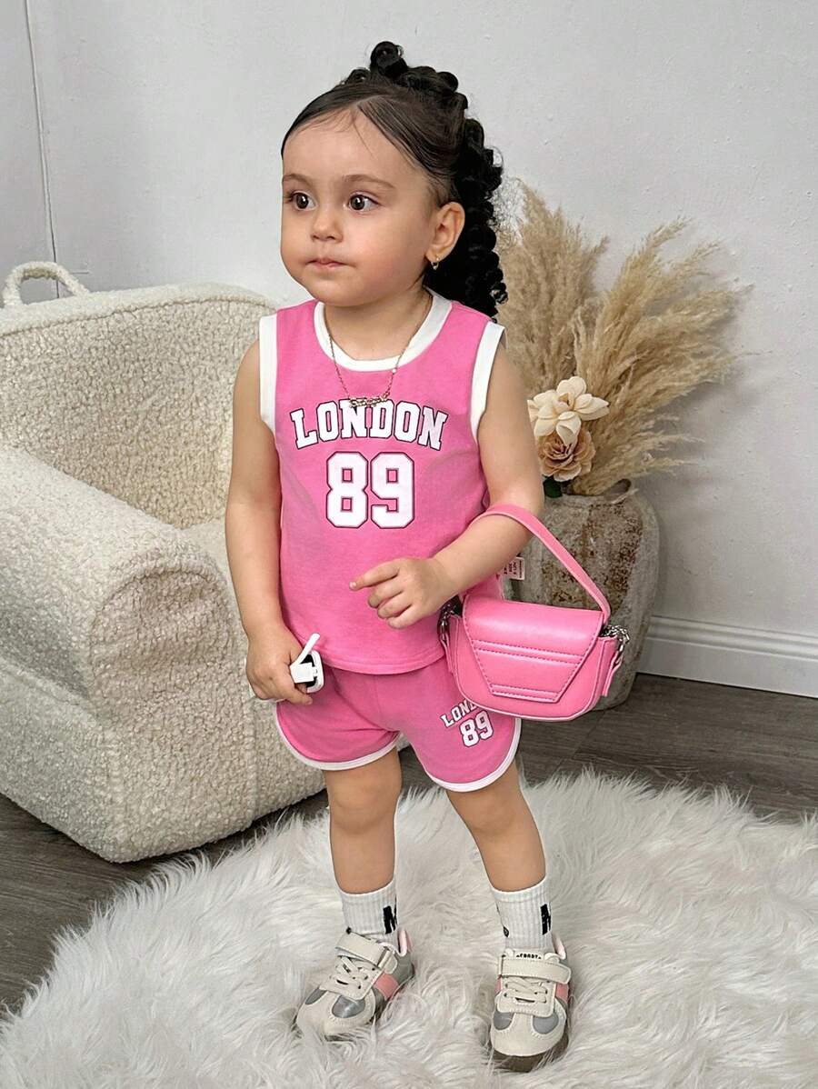 SHEIN Babygirl 夏季可爱针织彩色块字母图案背心和松紧腰短裤套装 - 粉色 - 查看 1