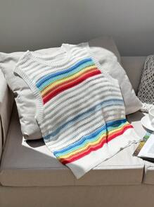 Comfortcana 女式多色条纹印花圆领休闲套头毛衣背心