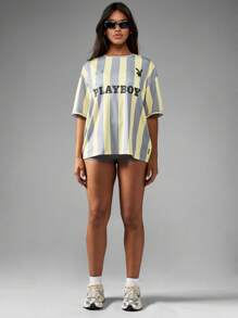 Missguided x Playboy Oversized Jersey T-Shirt Retro Striped Sports Style Streetwear Summer Athletic Tee Loungewear Urban Fashion Statement Logo Athleisure Collaboration