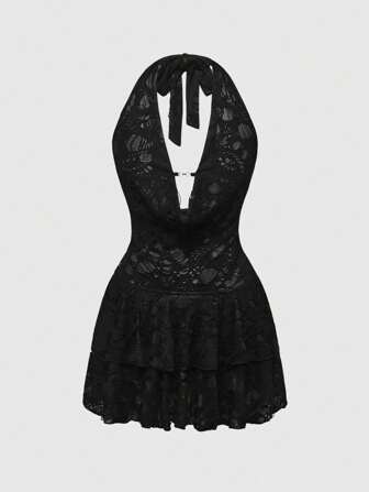 ROMWE Avant Y2K modernes, sexy Hot-Girl Outfit für Musikfestivals, tiefes Ausschnitt-Halterkleid mit rückenfreiem Design, strukturierter Stoff Minikleid