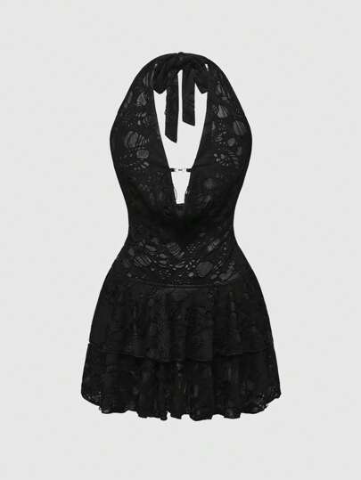 ROMWE Avant Vestido mini con textura, cuello halter con profunda apertura, espalda descubierta, moderno y sexy para festivales de música estilo Y2K