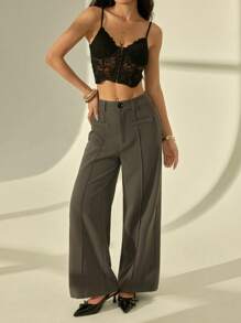 SHEIN PETITE Elegant Solid Color Women's Suit Straight Pants - Grey - View 6