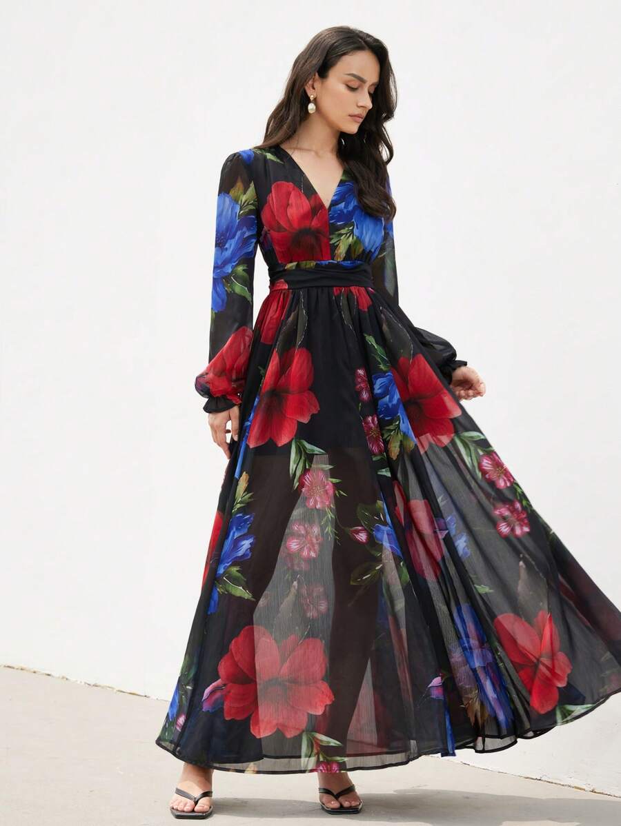 Aveloria Modichic Elegant Holiday Deep V-Neck Waisted Flowy Chiffon Print Long Sleeve Dress For Women Fall Cloth For Women - Multicolor - View 1