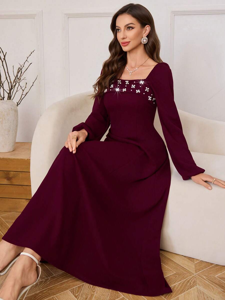 Modelyn Đầm midi cổ vuông tay đèn lồng màu trơn trang trí ngọc trai thanh lịch cho nữ, mùa xuân và mùa thu - Màu Đỏ Sâu - Xem 1