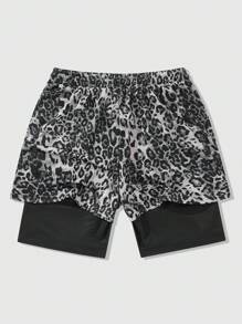 ROMWE MEN Anime 男士哥特式骷髅与动漫人物印花动物豹纹休闲短裤，适合日常穿着、春夏季、万圣节