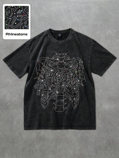 Street Life Grunge Y2K Skull Rhinestone Snow Flake Print Short Sleeve T-Shirt For Men, Rave