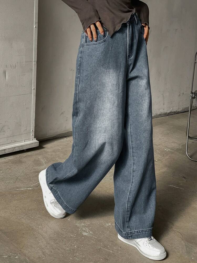 Women's Casual Straight Leg Denim Pants With Front Button And Multiple Pockets, Daily Wear,Baggy Jeans