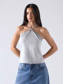 SHEIN EZwear 2025年新款大码夏季女式细肩带吊带背心，带肩带，铆钉细节，大胆少女风格 - 灰色 - 查看 3