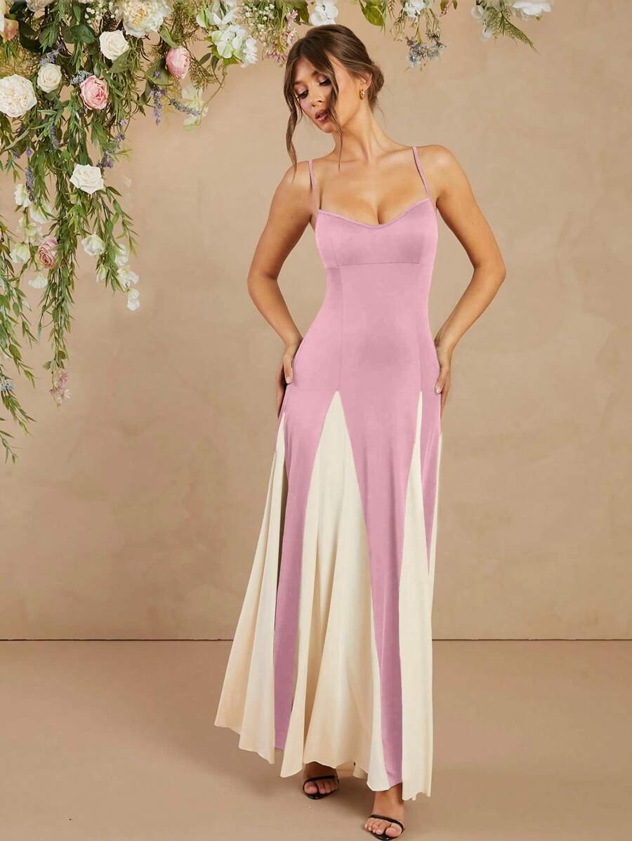 L'Amorae Elegant Black And White Maxi Dress With Spaghetti Straps - Pink - View 1