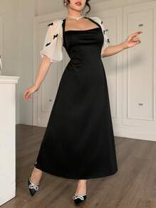Modelyn 女式复古奢华泡泡袖收腰黑色中长连衣裙 - 黑與白 - 查看 3