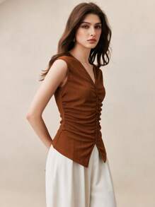 BizChic 女式秋季 V 领褶皱针织罗纹立领上衣，百搭，适合城市通勤、商务、休闲、圣诞节、万圣节派对、婚礼宾客服装 - 咖啡棕 - 查看 3