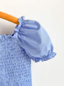 Loomiva 少女春夏法式优雅蓝色刺绣梭织荷叶袖短款上衣和裤子套装 - 藍色 - 查看 3