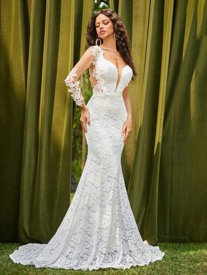 Glamrae Elegant Luxurious Embroidered Beaded Elastic Lace Patchwork Sheer Long Sleeve Fishtail Maxi Dress With Train, Suitable For Wedding, Party, Honeymoon, Bridal, Bride,Graduation,Teacher Outfits For Women,Teacher Dress