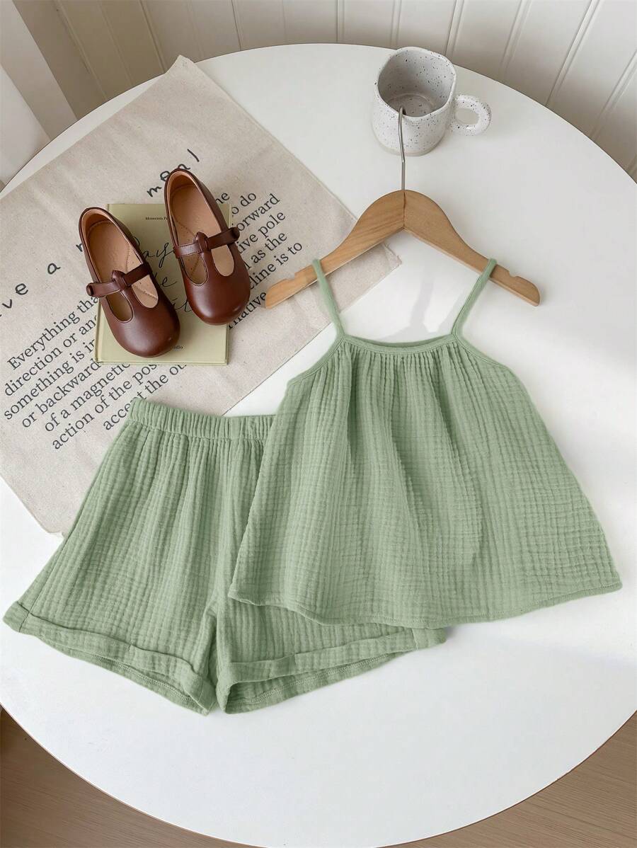 SHEIN LMoss Kids 年轻女孩夏季休闲宽松背心和阔腿荷叶边短裤两件套 - 綠色 - 查看 1