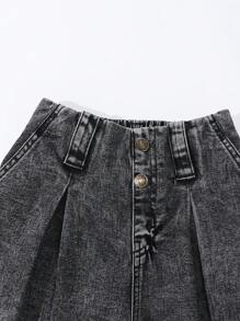 Denimly 复古休闲都市学院风水洗深蓝色阔腿 7/8 牛仔裤，松紧腰带和磨损下摆 - 黑色 - 查看 4