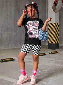SHEIN 6pcs/Set Girls Casual Street Style Bear Racing Car Letter Graphic Print Short Sleeve Top And Shorts 2 Pieces Set