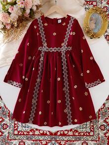 Young Girl Maroon Middle Eastern Eid Al-Fitr Zip Up Long Sleeve Waisted Gold Floral Print Robe, Fancy Summer Gown Royal Dress For Girls - Burgundy - View 4