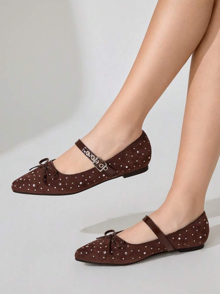 CUCCOO CHICEST Women's Pointed Toe Flats With Bow And Rhinestones Decor, Elegant And Sweet Faux Suede Slip-On Party Shoes, Summer