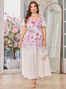 Modelyn Đầm suông tay ngắn in hoa cổ chữ V thanh lịch ôm vừa vặn cỡ lớn cho nữ - Nhiều màu - Xem 3