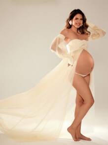 Cheriluna Maternity Plain Color Mesh Maxi Dress With Puff Sleeves, Maternity Photoshoot Style - Apricot - View 7