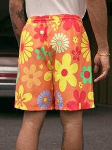 AXEPEAK Summer Floral Print Men's Drawstring Waist Pocket Shorts - Orange - View 2