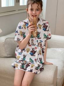 DAZY Tween Girls Fall Print Collared Top + Shorts Home Outfit, Summer, Back To School Clothes - White - View 7