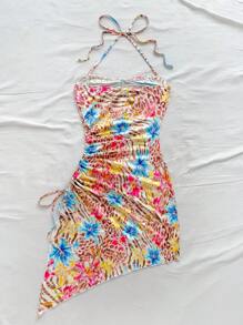 Soleia Rochie de sărbători cu tiv asimetric, cu șnur cu șnur, cu imprimeu cu zebră, zebră și florale, potrivită pentru întâlniri, Ziua Îndrăgostiților, ceaiul de după-amiază - Multicolor - Vizualizare 2