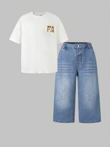 Set de 2 prendas casuales para niños: Camiseta con estampado gráfico y pantalones capri de mezquilla retro, verano