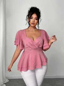 Elenzga Große Größen A-Linien Wickelshirt mit Puffärmeln