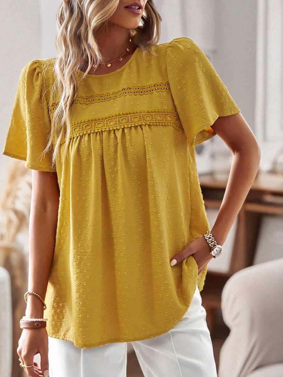 EMERY ROSE Women's Summer Swiss Dot Patchwork Lace Short Sleeve Blouse - Yellow - View 1
