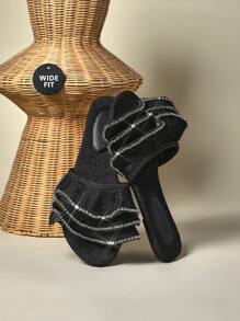 SHUZIA Wide Fit Women's Ruffle Chiffon Fashionable Flat Sandal - Black - View 6